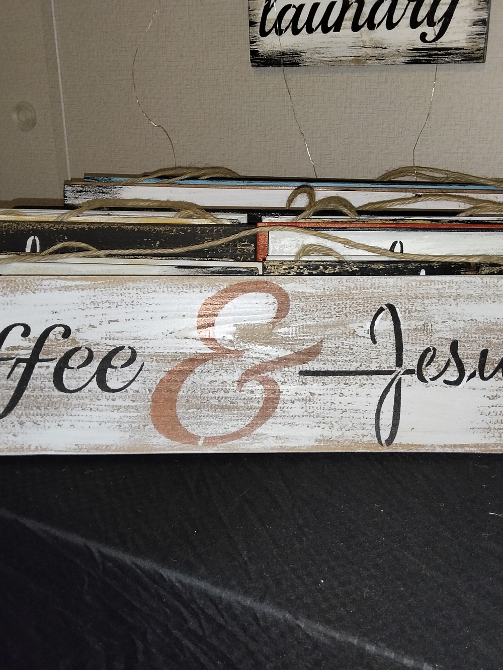 Handmade Rustic Wood Sign "Coffee & Jesus" Distressed Black/White/Rosa 24"X5.5"